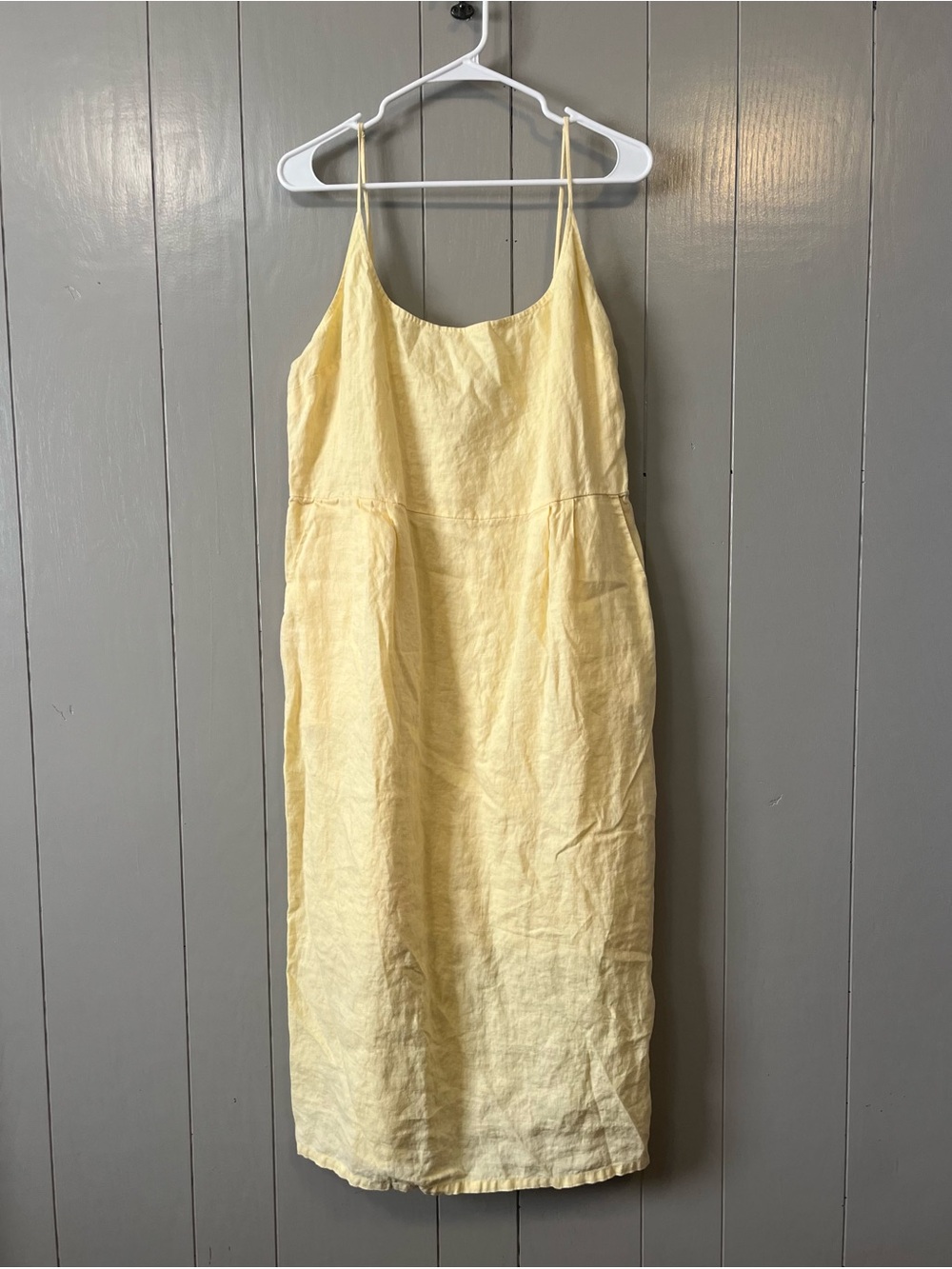 Quince 100% Linen Scoop Neck Midi Dress Yellow Strappy Sleeveless Smocked XL